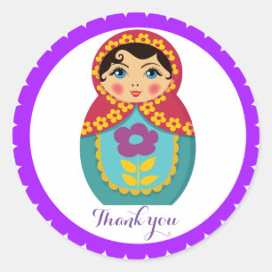 Matryoshka in Violet Border in White Ronde Sticker