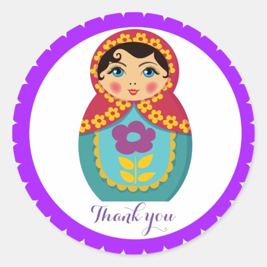 Matryoshka in Violet Border in White Ronde Sticker (Voorkant)