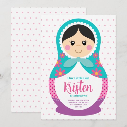 Matryoshka uitnodiging, Russische pop verjaardag Kaart (Voorkant / Achterkant)