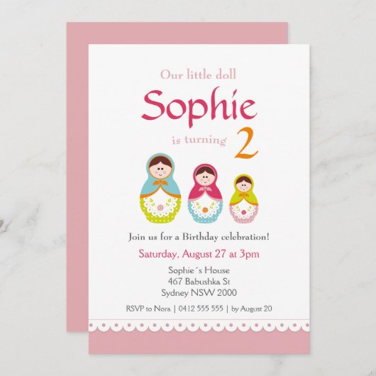 Matryoshka verjaardagsfeestje uitnodiging (Voorkant / Achterkant)