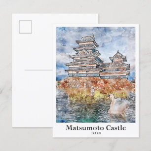 Matsumoto Castle Japan Travel Waterverf Sketch Briefkaart