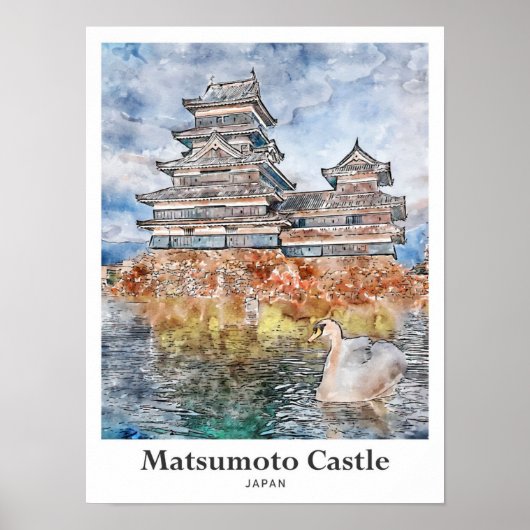 Matsumoto Castle Japan Travel Waterverf Sketch Poster (Voorkant)
