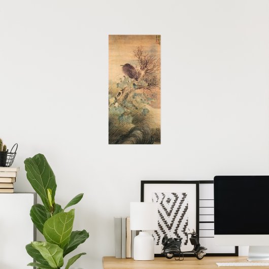 Matsumura Goshun Hibiscus en Blue Heron in een boo Poster (Thuiskantoor)