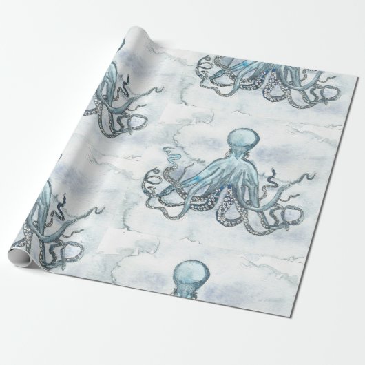 Matt Blue Octopus Wrapping Papger Cadeaupapier (Uitgerold)