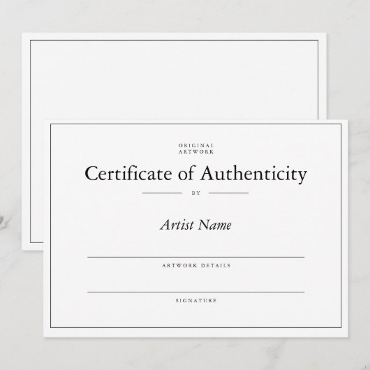 Matte authenticiteitscertificaat voor kunst kaart (Voorkant / Achterkant)