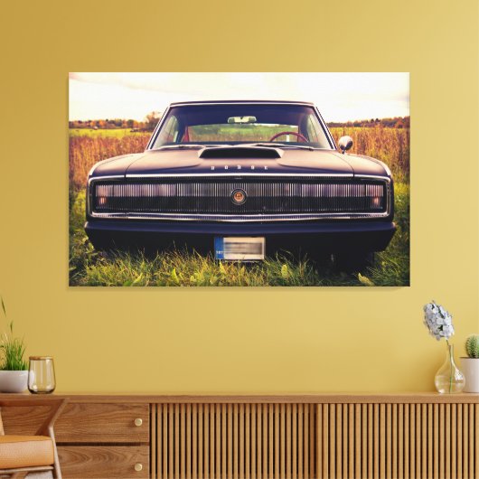 Matte Black 1966 Dodge Charger op gras Canvas Afdruk (Insitu (Woonkamer))
