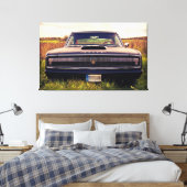 Matte Black 1966 Dodge Charger op gras Canvas Afdruk (Insitu (Slaapkamer))