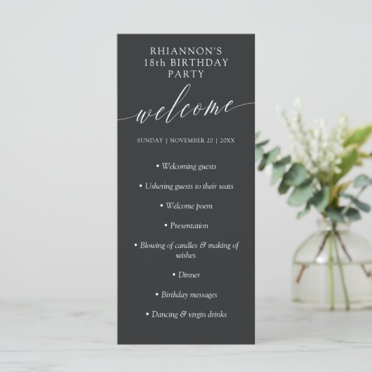 Matte Black Delicate Calligraphy Birthday Party Programmakaart (Staand voorkant)