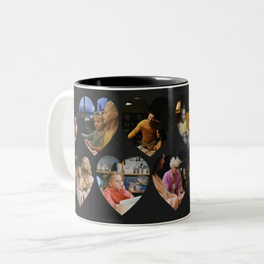 Matte Black Photo Collage Mug with Heart Frames Tweekleurige Koffiemok (Voorkant links)