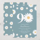 Matte Blue Daisy 90ste verjaardag uitnodiging (Voorkant / Achterkant)