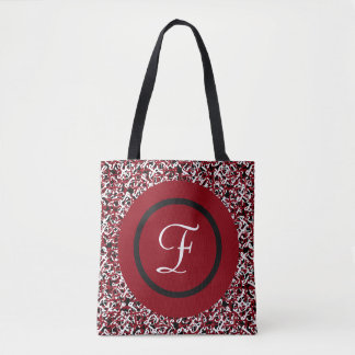 Matte Crimson en White Abstract Floral Monogram Tote Bag
