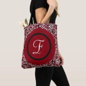 Matte Crimson en White Abstract Floral Monogram Tote Bag (Dichtbij)
