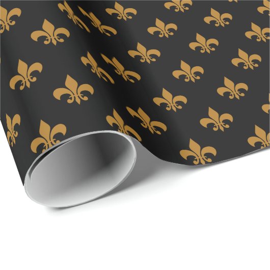 Matte Gold Fleur-de-lis op zwart Cadeaupapier (Rol Hoek)