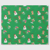 Matte Kerstgroene Achtergrond Rendier, Sneeuwman Cadeaupapier (Vlak)