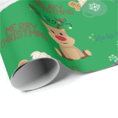 Matte Kerstgroene Achtergrond Rendier, Sneeuwman Cadeaupapier (Rol Hoek)