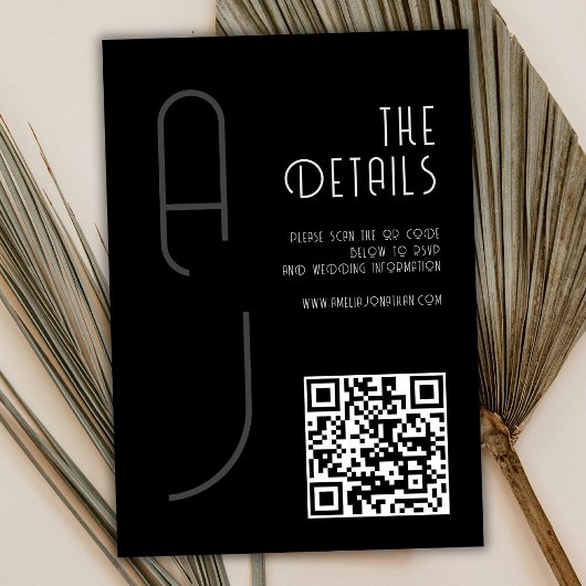 Matte Monogram Minimal Qr Code Wedding Black Informatiekaartje