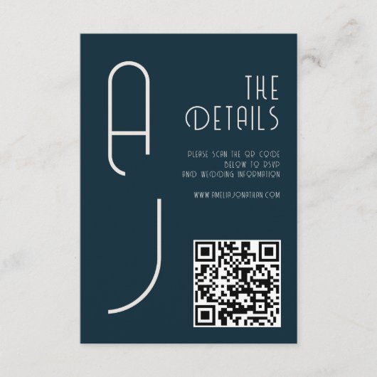 Matte Monogram Minimal Qr Code Wedding Navy Blue Informatiekaartje (Voorkant)