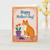 Matte Oranje Kat Vrolijke Kaart (Gele Bloem)