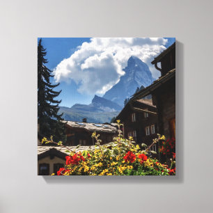 Matterhorn en Zermatt-dorpshuizen, Zwitserland Canvas Afdruk
