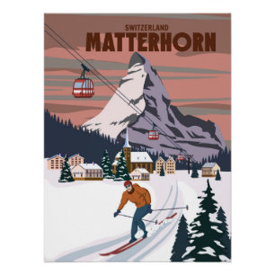 Matterhorn Skigebied poster, retro. Alpes Winter Perfect Poster