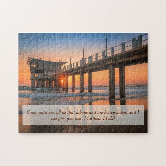 Matteüs 11:28 Pier bij de zonsondergang van de oce Legpuzzel (Horizontaal)