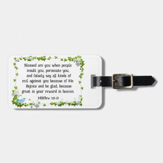Matteüs 5:11-12 Gezegend bent u zaligheden Bijbel Bagagelabel (Voorkant horizontaal)