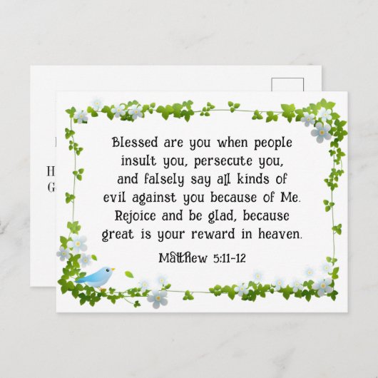 Matteüs 5:11-12 Gezegend bent u zaligheden Bijbel Briefkaart (Voorkant / Achterkant)