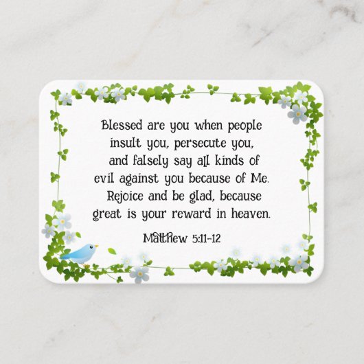 Matteüs 5:11-12 Gezegend bent u zaligheden Bijbel Visitekaartje (Voorkant)