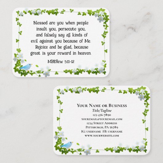 Matteüs 5:11-12 Gezegend bent u zaligheden Bijbel Visitekaartje (Voorkant / Achterkant)