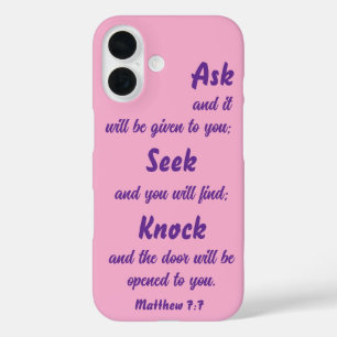 Matteüs 7:7 Vraag om het Bijbelvers roze en Paarse iPhone 16 Hoesje