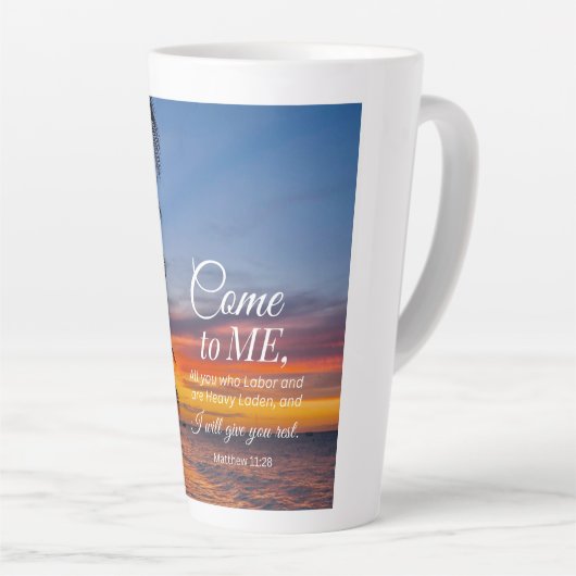 Mattheüs 11:28 Bijbelvers Palmbomen zonsondergang Latte Mok (Rechterhoek)