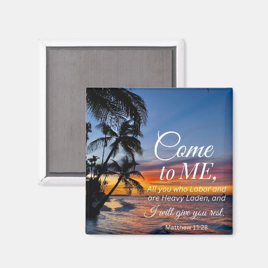 Mattheüs 11:28 Bijbelvers Palmbomen zonsondergang Magneet (Voorkant / Achterkant)