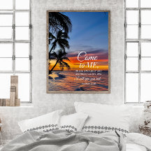 Mattheüs 11:28 Bijbelvers Palmbomen zonsondergang