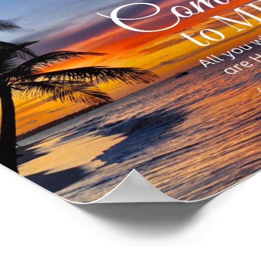 Mattheüs 11:28 Bijbelvers Palmbomen zonsondergang Poster (Hoek)