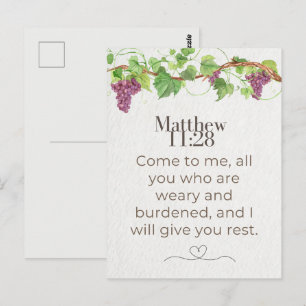Mattheüs 11:28 Kom tot mij Schriftuur Druivenran Briefkaart