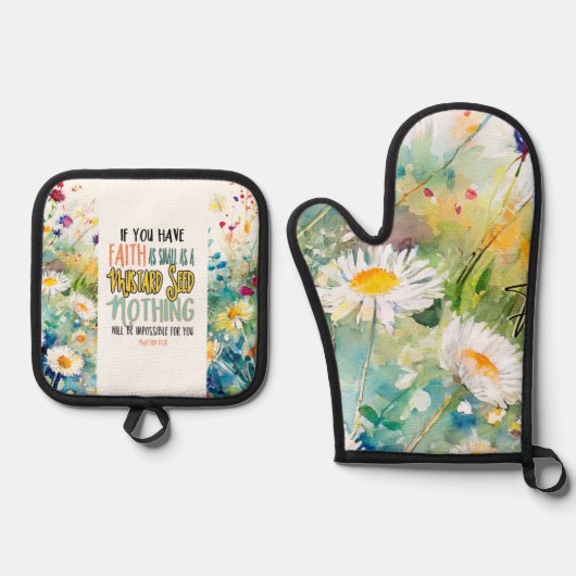 Mattheüs 17:20 Geloof als mosterdzaadbijbelvers Ovenwant & Pannenlap Set (Voorkant)