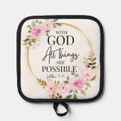 Mattheüs 19:26 Mogelijk met God Roze Bloemen Pannenlap (Voorkant)