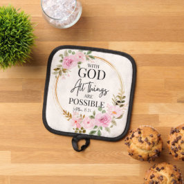Mattheüs 19:26 Mogelijk met God Roze Bloemen Pannenlap
