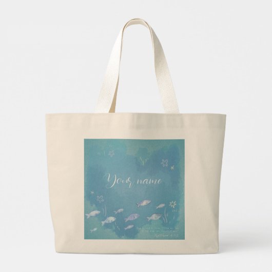 Mattheüs 4:19 Christelijk Bijbelvers Vissen in Zee Grote Tote Bag (Achterkant)
