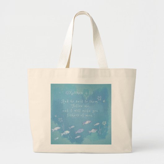 Mattheüs 4:19 Christelijk Bijbelvers Vissen in Zee Grote Tote Bag (Voorkant)