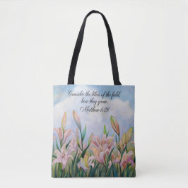 Mattheüs 6:28 Waterverf lelies Tote Bag