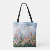 Mattheüs 6:28 Waterverf lelies Tote Bag (Achterkant)