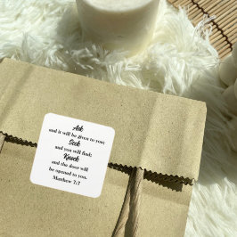 Mattheüs 7:7 Vraag Zoekt Klop Bijbelvers Vierkante Sticker