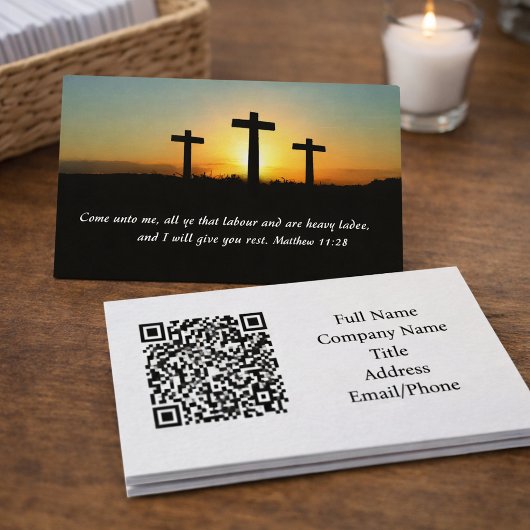 Matthew 11:28 Drie Kruizen Zonsondergang QR code Visitekaartje