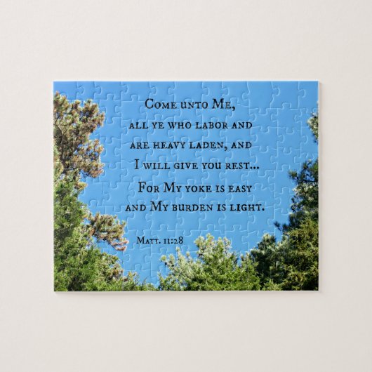 Matthew 11:28 Kom naar me toe iedereen die werkt.. Legpuzzel (Horizontaal)