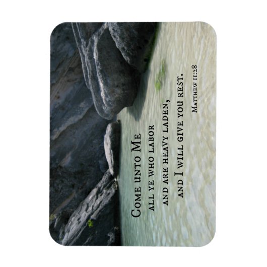 Matthew 11:28 Kom naar me toe, iedereen die werkt. Magneet (Verticaal)