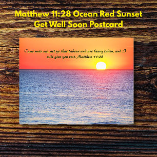 Matthew 11:28 Oceaan Rode Zonsondergang Beterschap Briefkaart