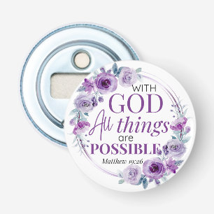 Matthew 19:26 Mogelijk met God Paarse Bloemen Button Flesopener