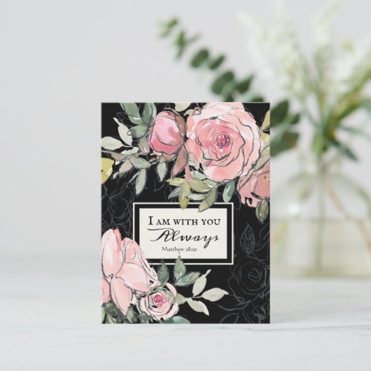 Matthew 28:20 ben ik bij jou altijd roze bloemen briefkaart (Staand voorkant)