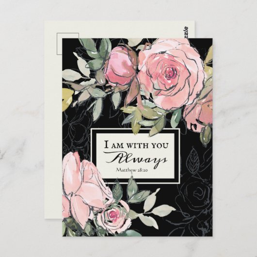 Matthew 28:20 ben ik bij jou altijd roze bloemen briefkaart (Voorkant / Achterkant)